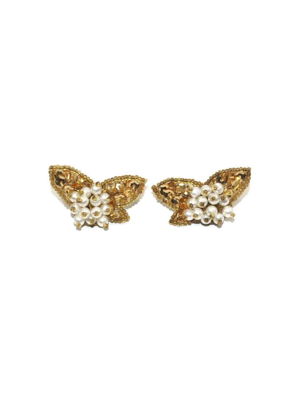 Vintage Handmade Faux Pearls, Golden Sequins and Beads Butterfly Stud Earrings.